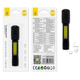 Linterna LED NR9344  / luz lateral / funcion zoom / 3 modos de luz / Bateria recargable 120mAh / Negro